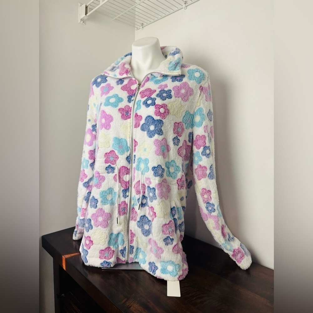 Floral Zip Up Long Sleeve Boutique Teddy Coat with Pockets - NWT 2XL
